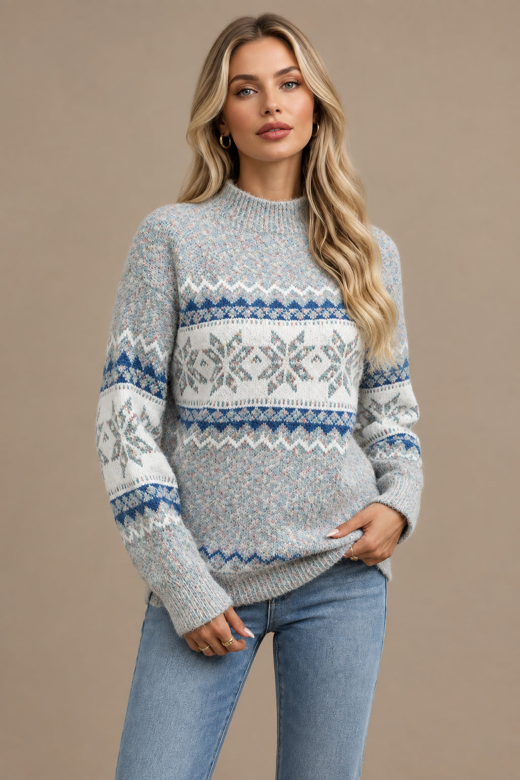 Women's Snowflake Sweater – Knitted Thick Ribbed Half Turtleneck