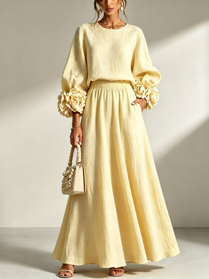 Women's Rose Puff-Sleeve A-Line Skirt Set – Dimensional Floral Detail