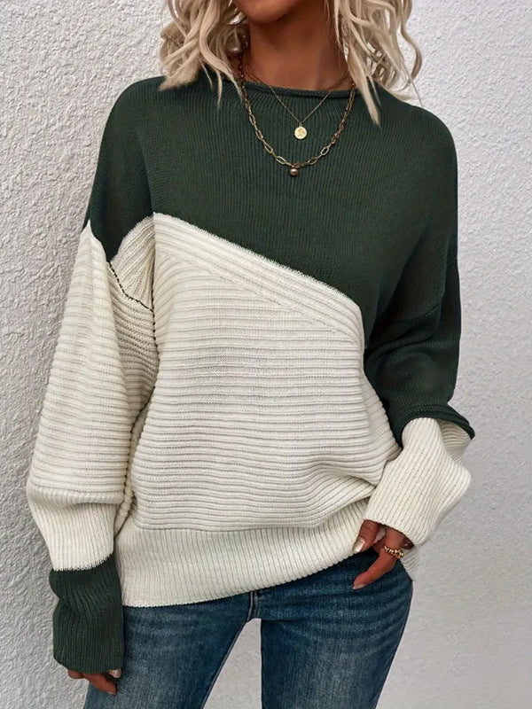 Women's Sweater – Contrast Stitch Pullover, Relaxed Knit Drape