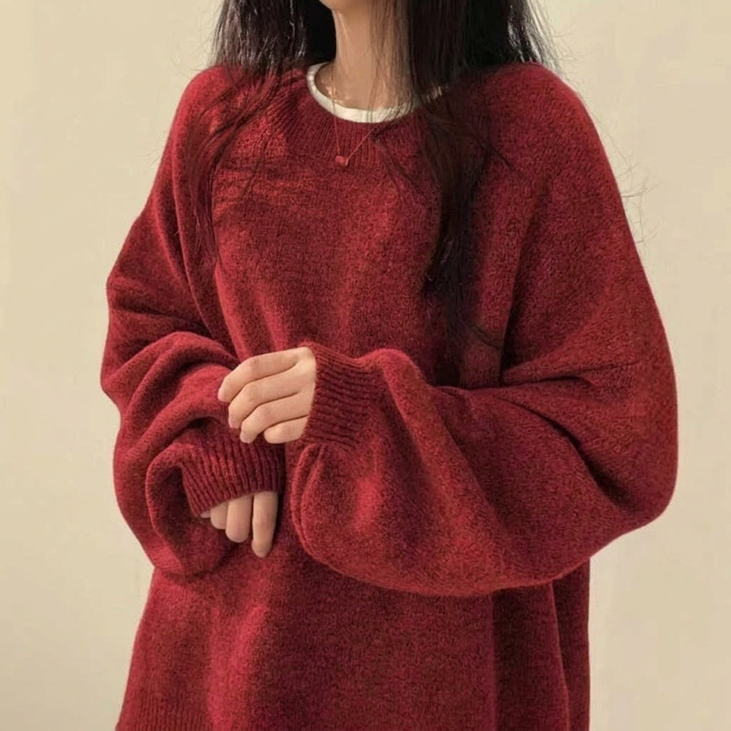 Women's Retro Crew Neck Knit Sweater Pullover – Relaxed Drop-Shoulder