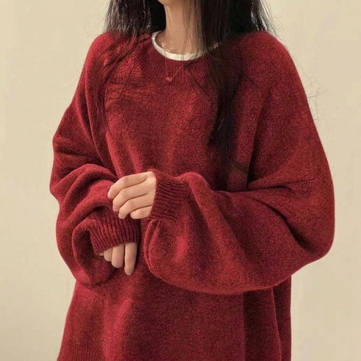 Women's Retro Crew Neck Knit Sweater Pullover – Relaxed Drop-Shoulder