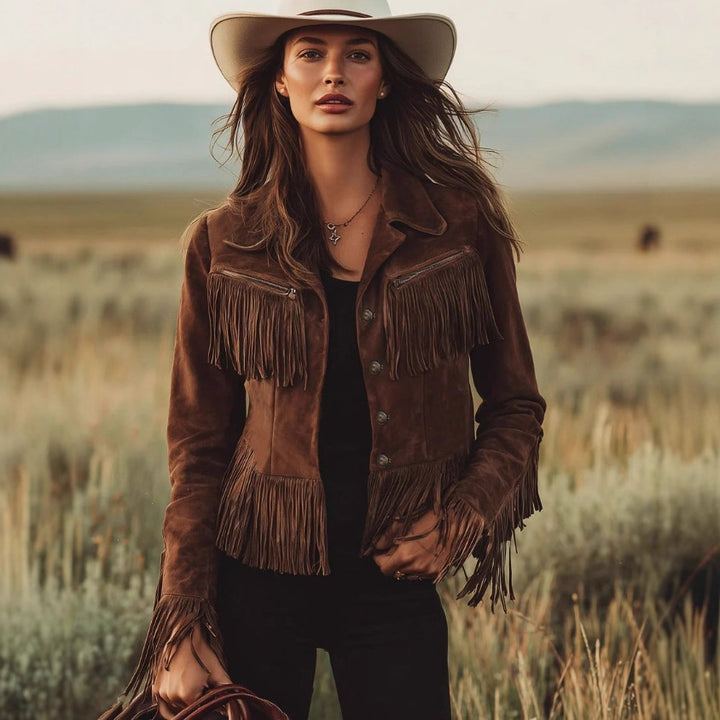 Women's Suede Tassel Cropped Jacket – Notched Lapel, Slim Fit