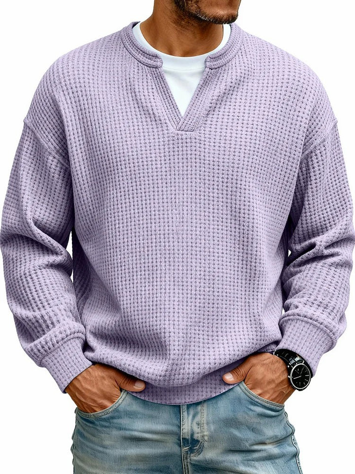 Men’s Waffle Knit Sweatshirt – Relaxed V-Neck Pullover