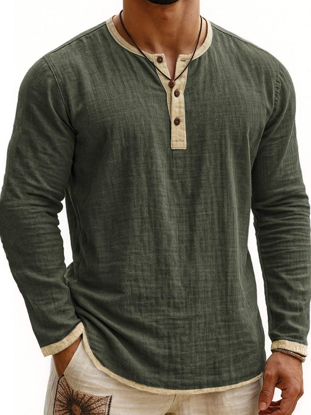 Men's Henley Shirt – Two-Tone, Slim Fit, Long Sleeve Pullover