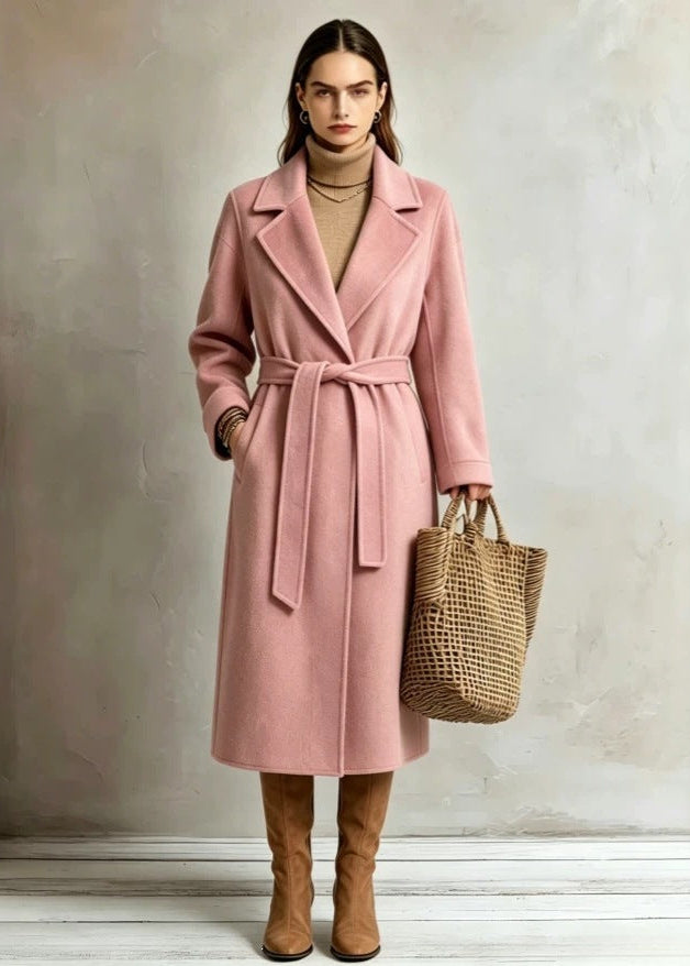 Women's Wool Lapel Coat – Relaxed Fit, Lace-Up Detail