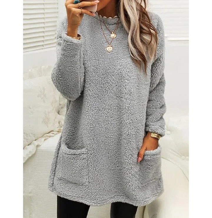 Fleece Pullover Sweater – Women's Longline Plush Top with Pockets