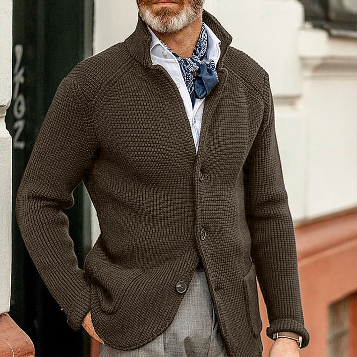 Men's Knitted Stand Collar Cardigan Jacket – Modern Structured Design