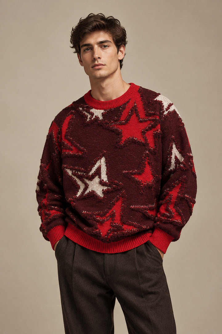 Men's Star Jacquard Knit Sweater – Relaxed Fit Pullover by