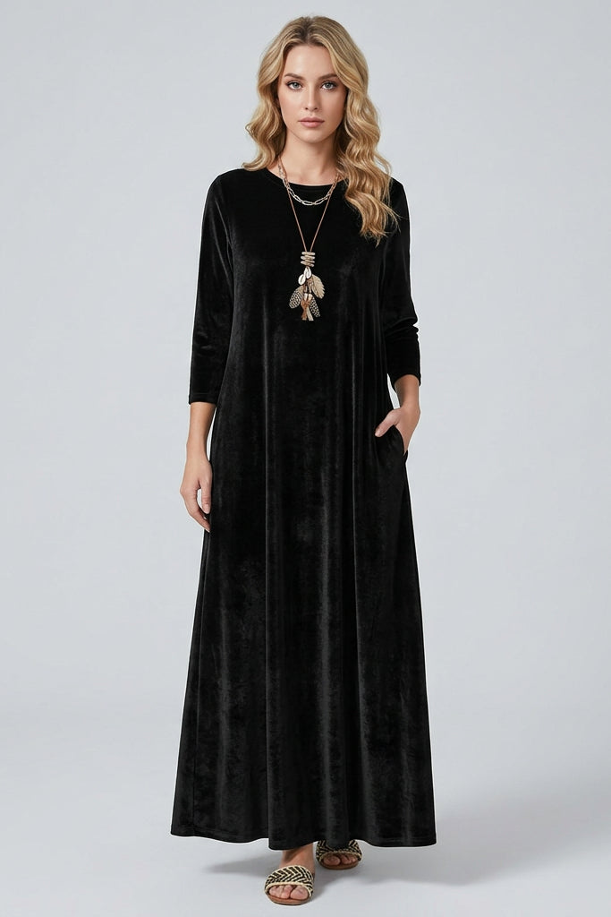 Women's Velvet Maxi Dress– A-Line, 3/4 Sleeve Evening Gown
