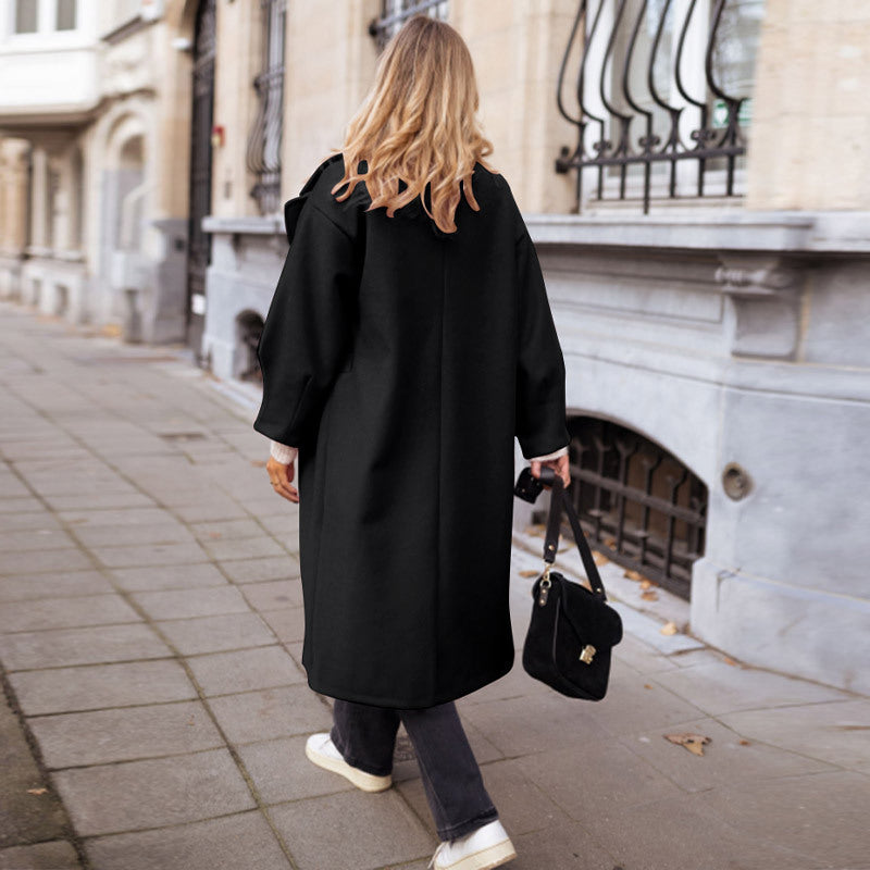 Women's Lengthened Collar Overcoat – Relaxed Silhouette Button Detail