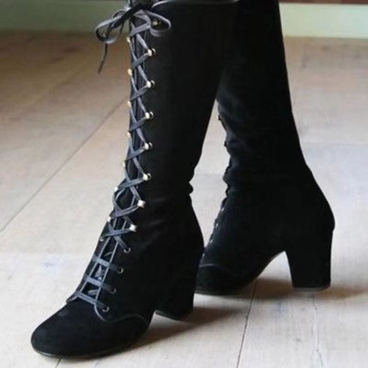 Women's Suede Lace-Up Mid-Heel Riding Boot – Chunky Heel Comfort