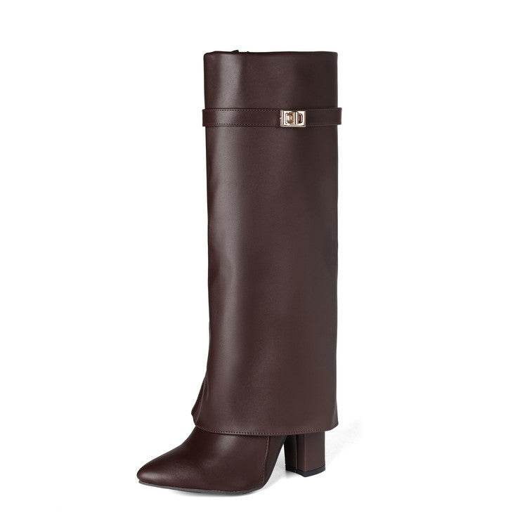 Women's Vegan Leather High Shaft Boot – Pointed Toe, Metal Buckle