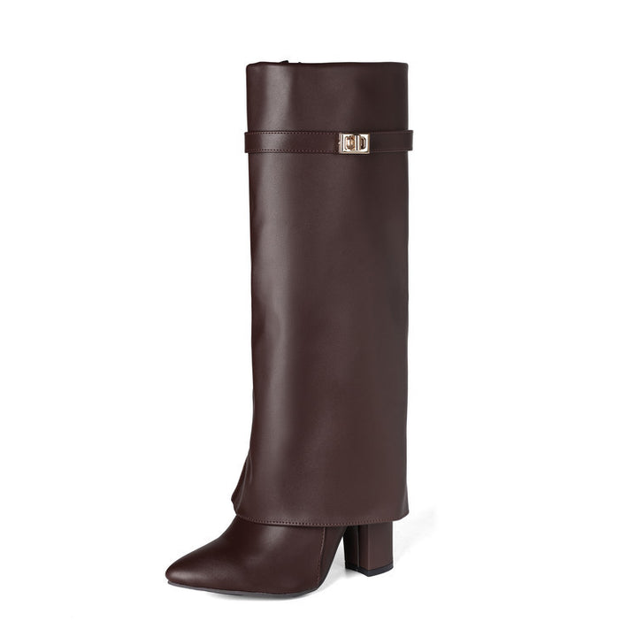 Women's Vegan Leather High Shaft Boot – Pointed Toe, Metal Buckle
