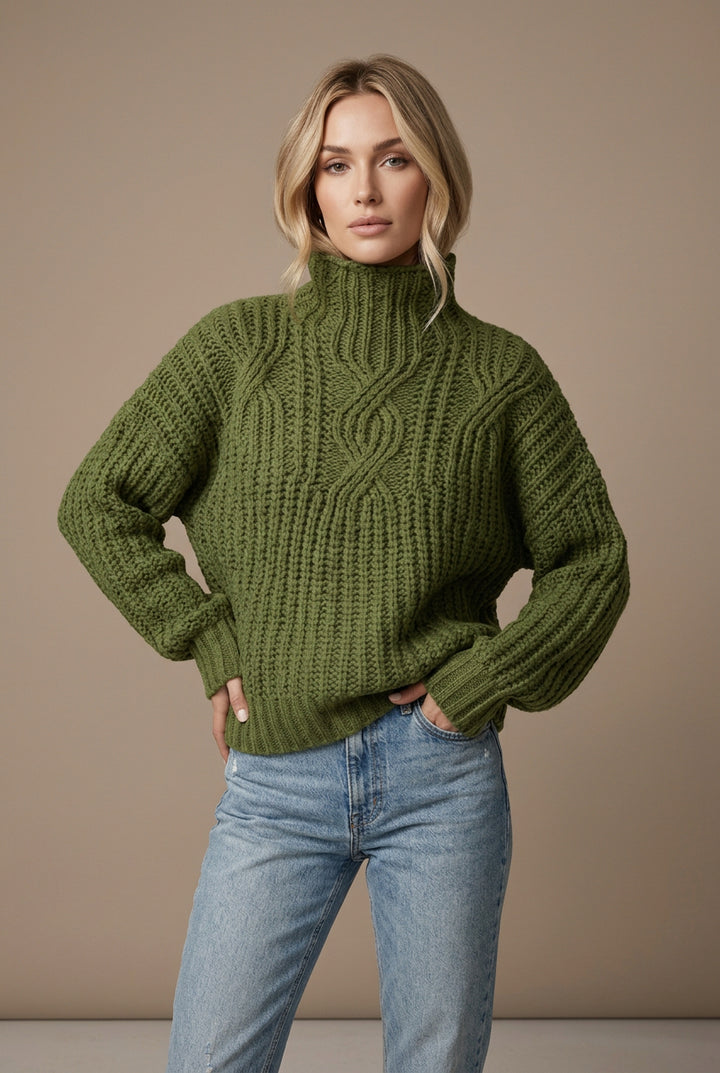 Women's High Neck Sweater – Chunky Ribbed Twist Knit Pullover
