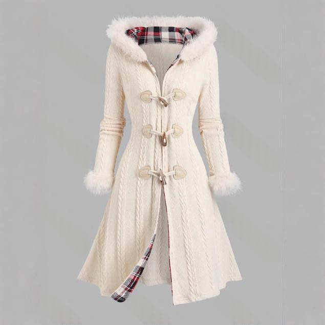 Women's Patchwork Hooded Coat – Bow Tie Detail, Elegant Longline Fit