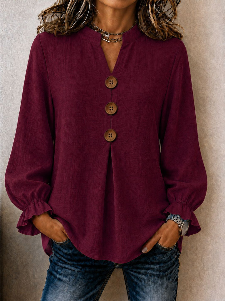 Women's Cotton Blend Ruffle Sleeve V-Neck Button-Up Top