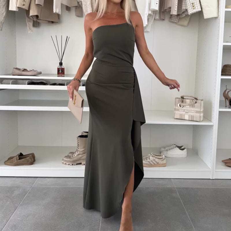 Women's One-Shoulder Maxi Dress – High Waist A-Line, Slit Detail
