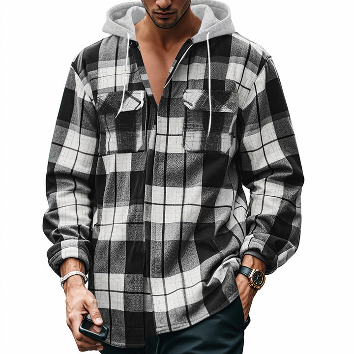Men's Flannel Plaid Cotton Shirt – Jacquard Hooded Cardigan