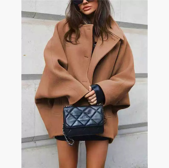Women's Wool Blend Batwing Sleeve Coat – Modern Lapel Outerwear