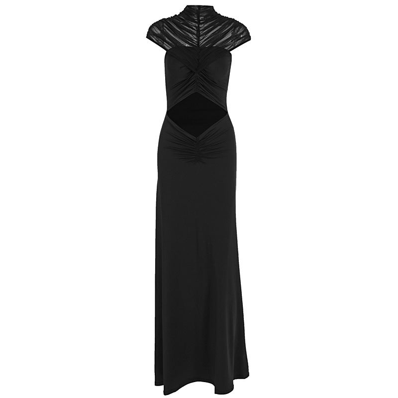 Women's Mesh Pleated Midi Dress – Slim Fit Midriff-Baring Silhouette