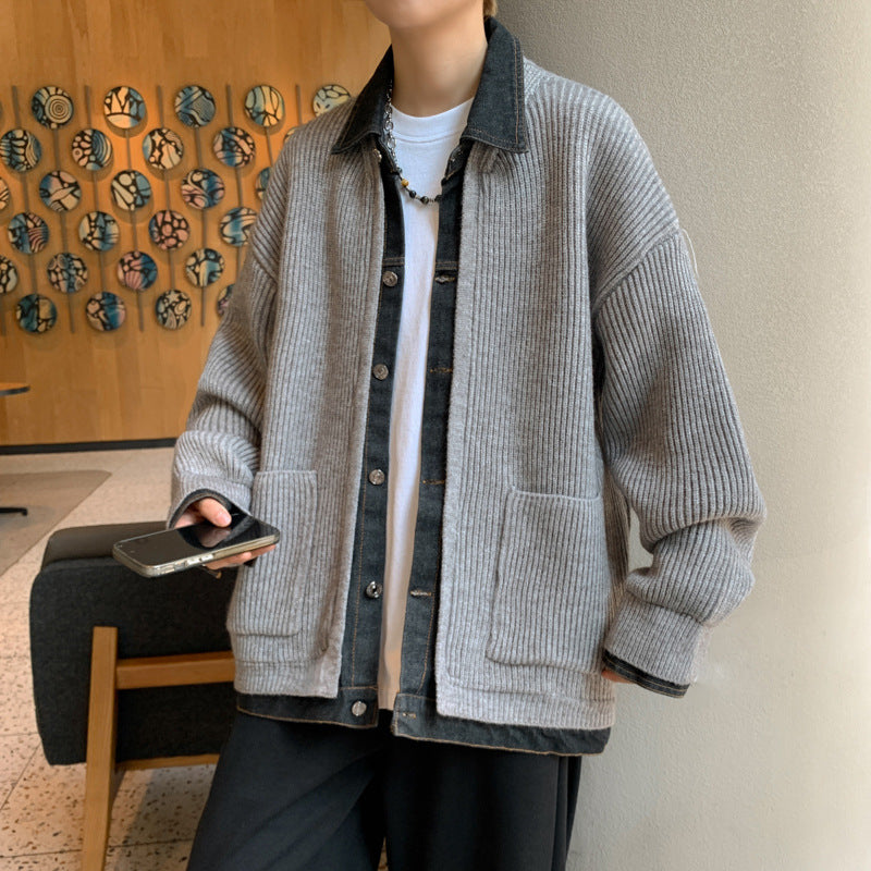 Men's Knitted Cardigan – Cotton & Rabbit Fur Coat with Denim Patches