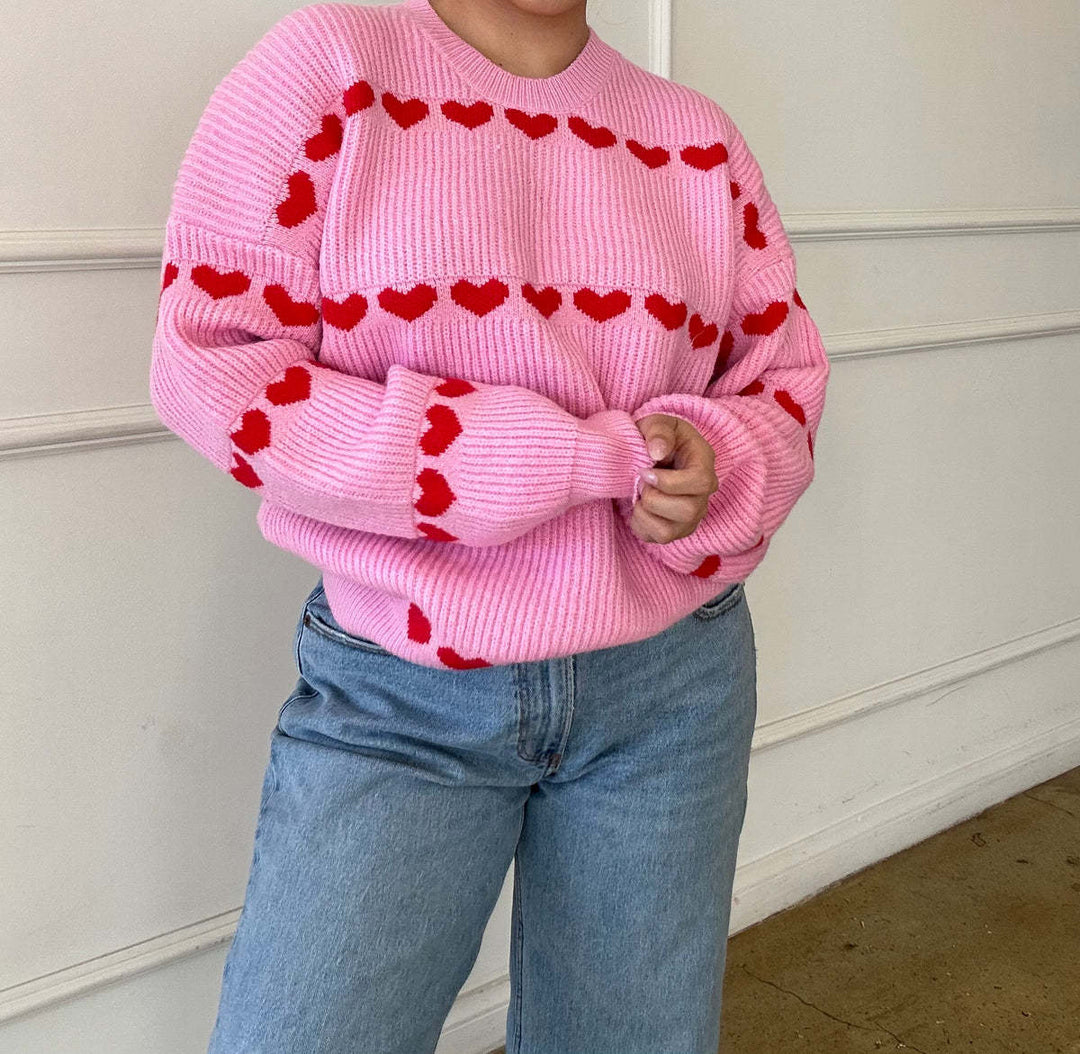 Heart Pattern Women's Jacquard Sweater – Two-Tone Knit Pullover