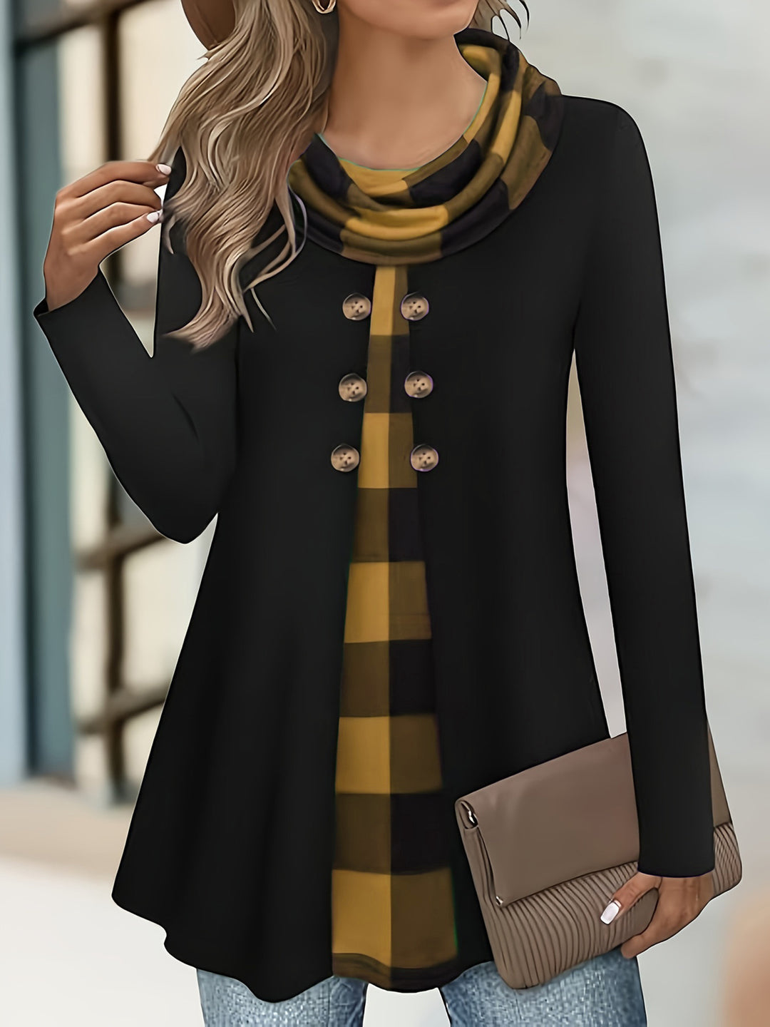 Patchwork Cotton-Blend Long-Sleeve Top for Women with Button Detail