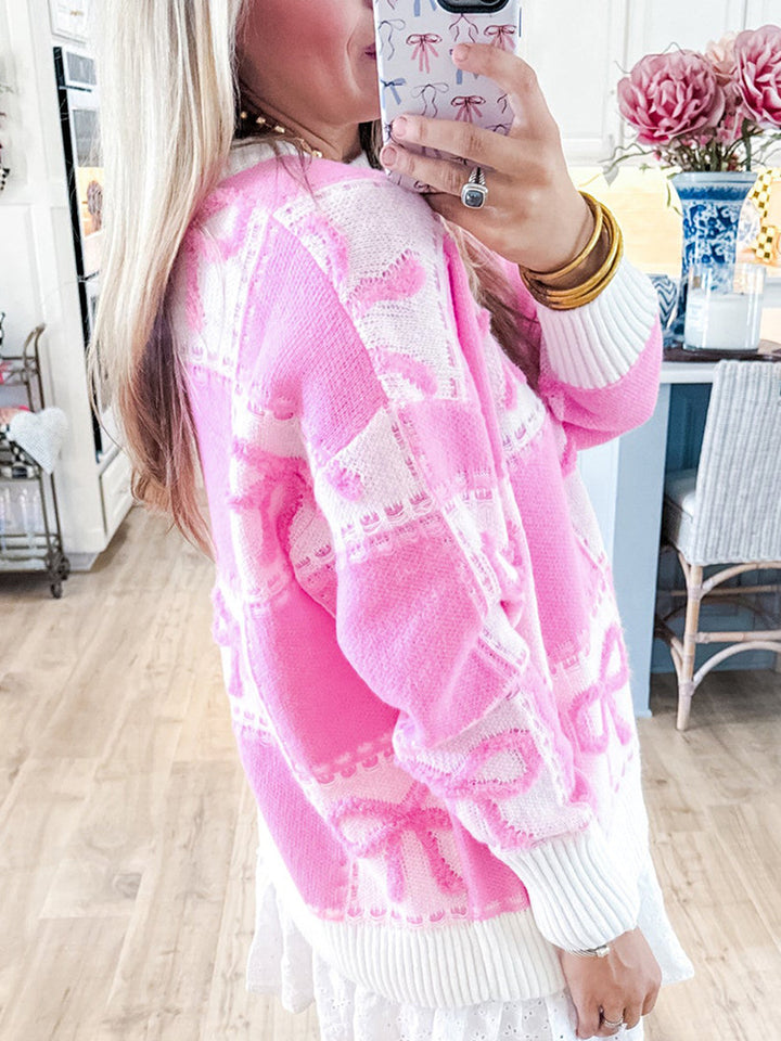 Knit Bow Sweater for Women – Textured Cotton Blend Relaxed Fit