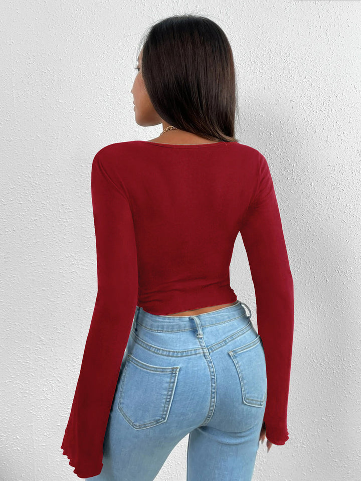 Women's Flared Sleeve V-Neck Top – Waist-Shaping Pullover Style