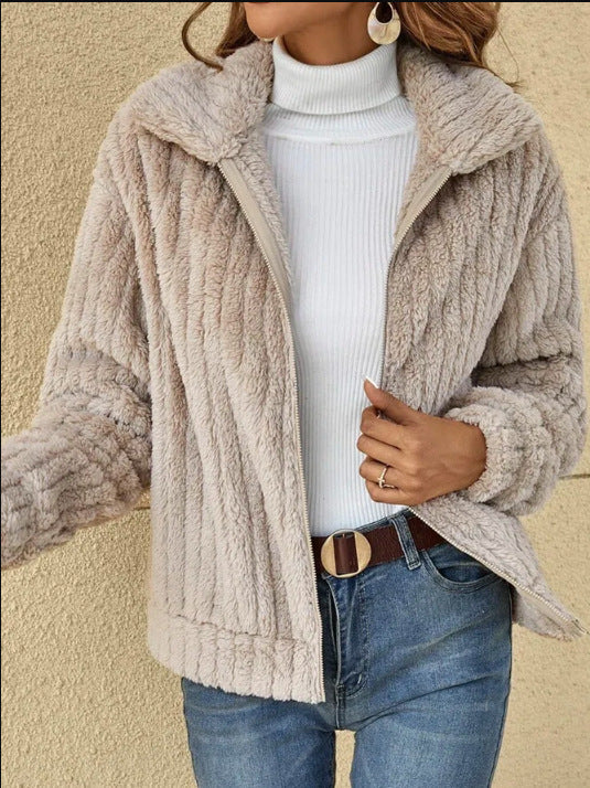 Women's Fleece Cropped Jacket – Lapel Collar Classic Silhouette