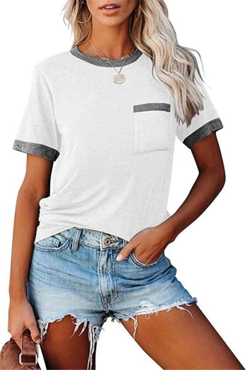 Women's Colorblock Top – Relaxed Fit Round Neck with Pocket