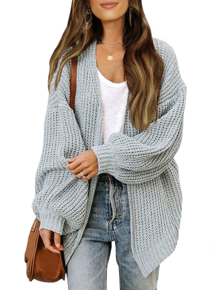 Chunky Knit Cardigan – Women's Lantern Sleeve Cotton Blend with Pockets