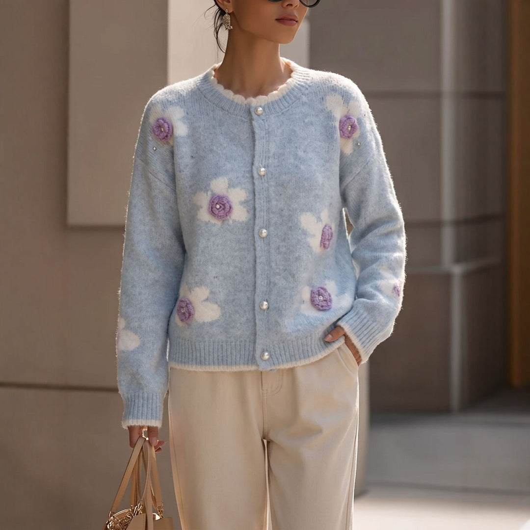 Women's Knit Cardigan – 3D Floral Appliqué and Scalloped Detailing