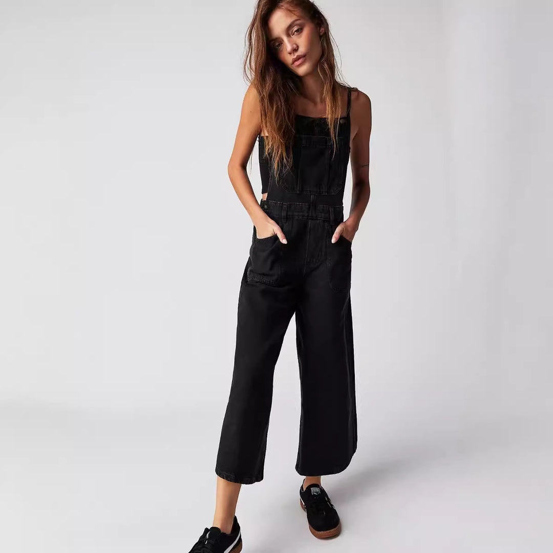 Women's Denim Jumpsuit for – Adjustable Cotton Straps, Relaxed Wide Leg