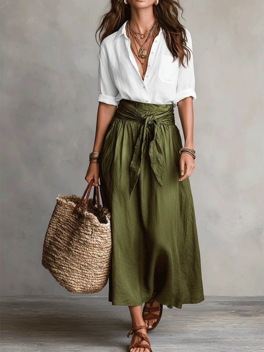 Women's Two Piece Set – Cotton Short-Sleeve Shirt & Straight Skirt