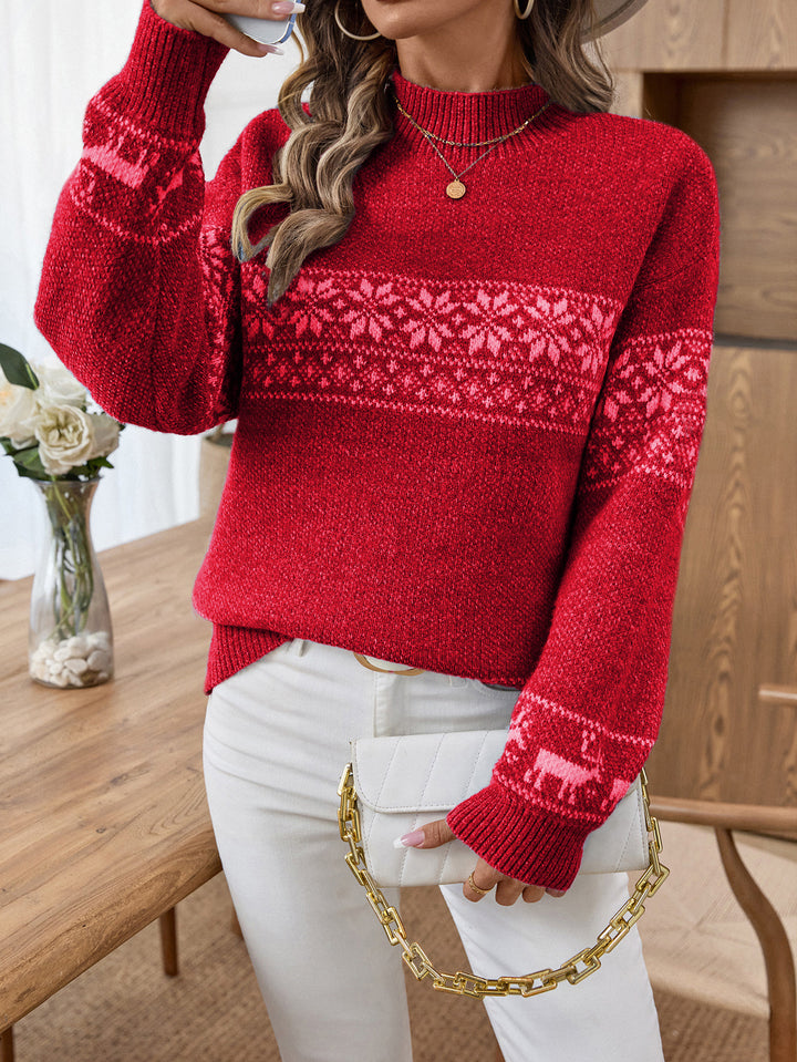 Women's Pullover Sweater – Snowflake Knit Half Turtleneck