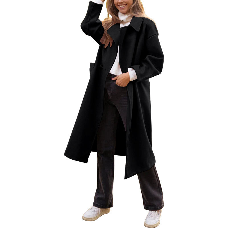 Women's Lengthened Collar Overcoat – Relaxed Silhouette Button Detail