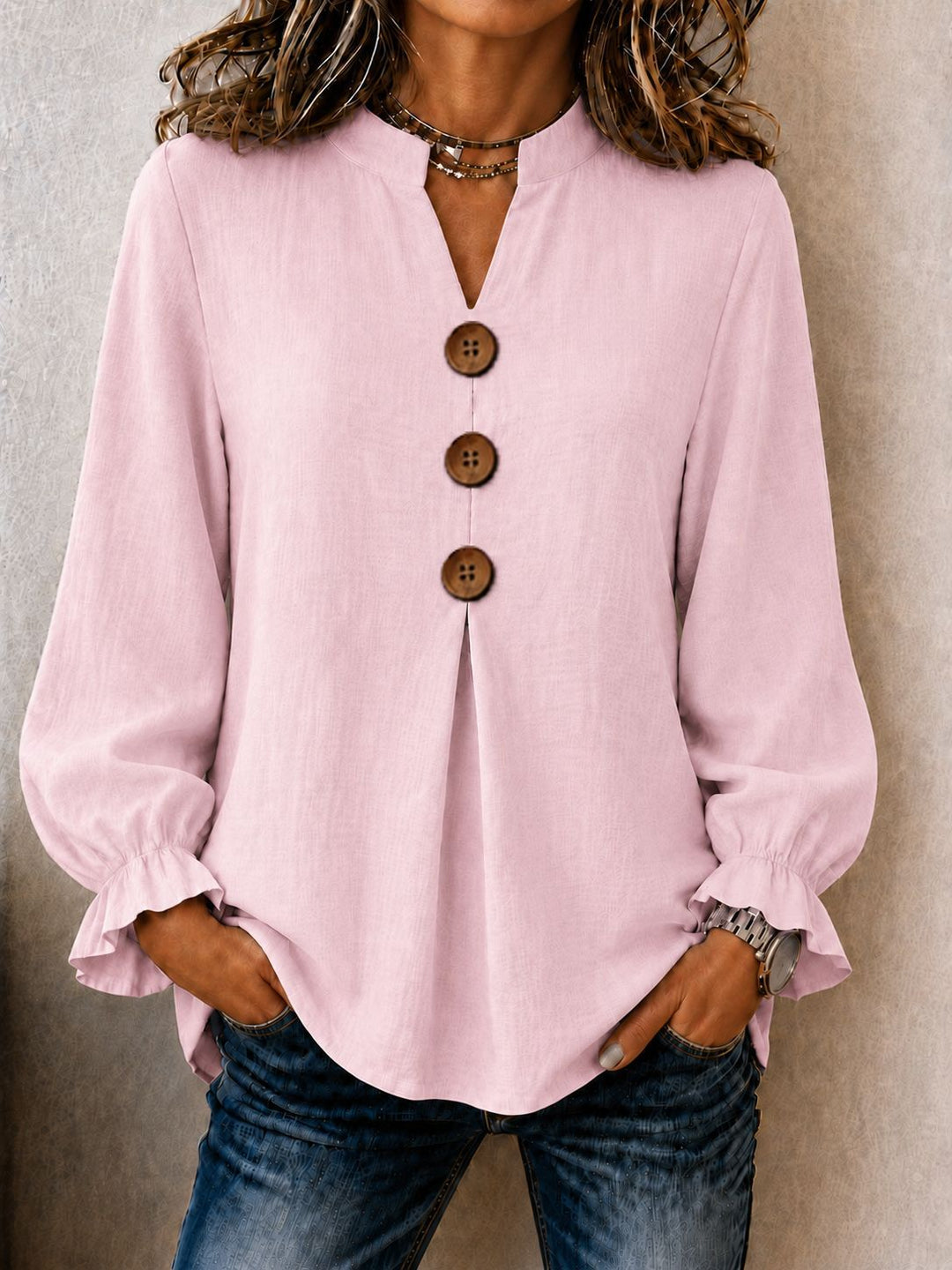 Women's Cotton Blend Ruffle Sleeve V-Neck Button-Up Top