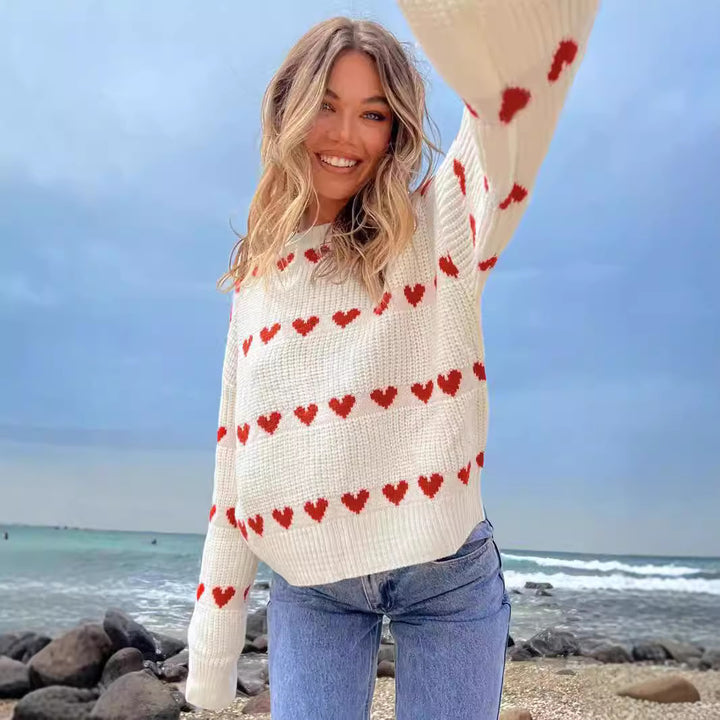 Heart Pattern Women's Jacquard Sweater – Two-Tone Knit Pullover