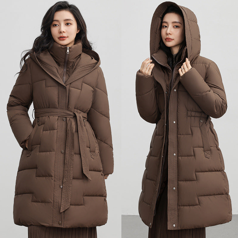 Women's Hooded Down Cotton Coat with Adjustable Waist