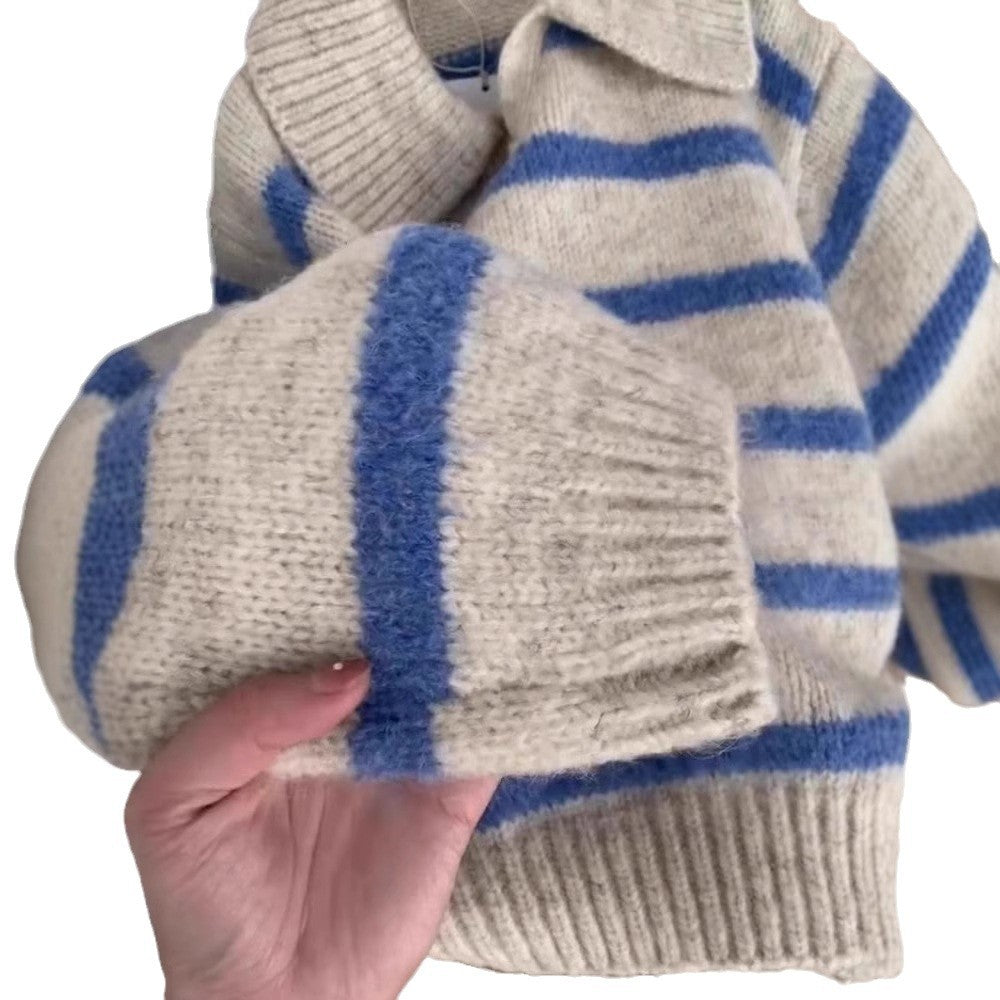 Women's Striped Sweater – Polo Collar Regular Fit Pullover Knit