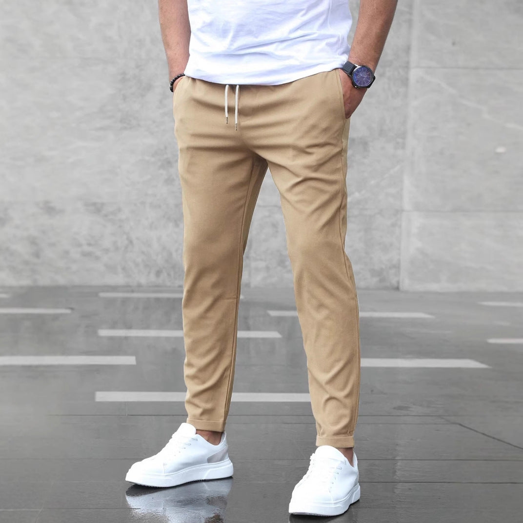 Men's Slim Fit Trousers – Cotton Drawstring Waist with Pockets