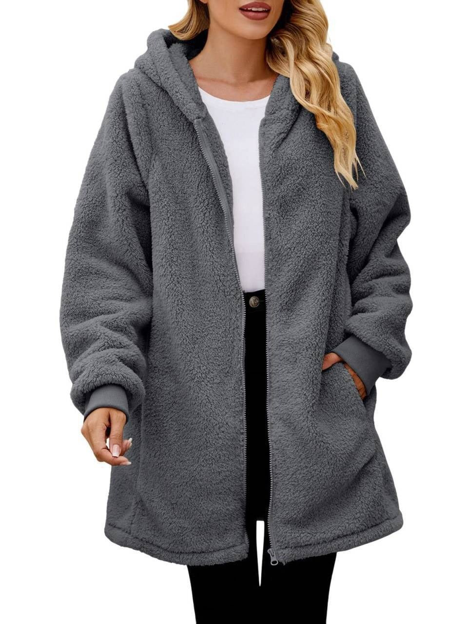 Women's Plush Hooded Zip Cardigan Coat – Soft Velvet-Look Layer