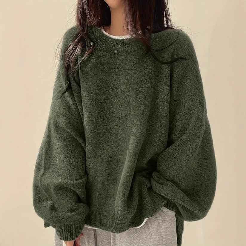 Women's Retro Crew Neck Knit Sweater Pullover – Relaxed Drop-Shoulder