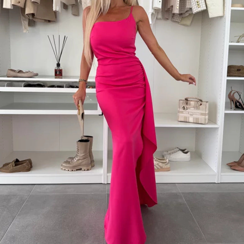 Women's One-Shoulder Maxi Dress – High Waist A-Line, Slit Detail