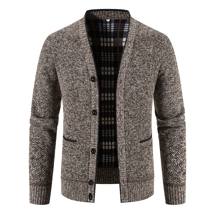 Men's Knitted Cardigan Sweater – Plush V-Neck Long Sleeve Rib Hem