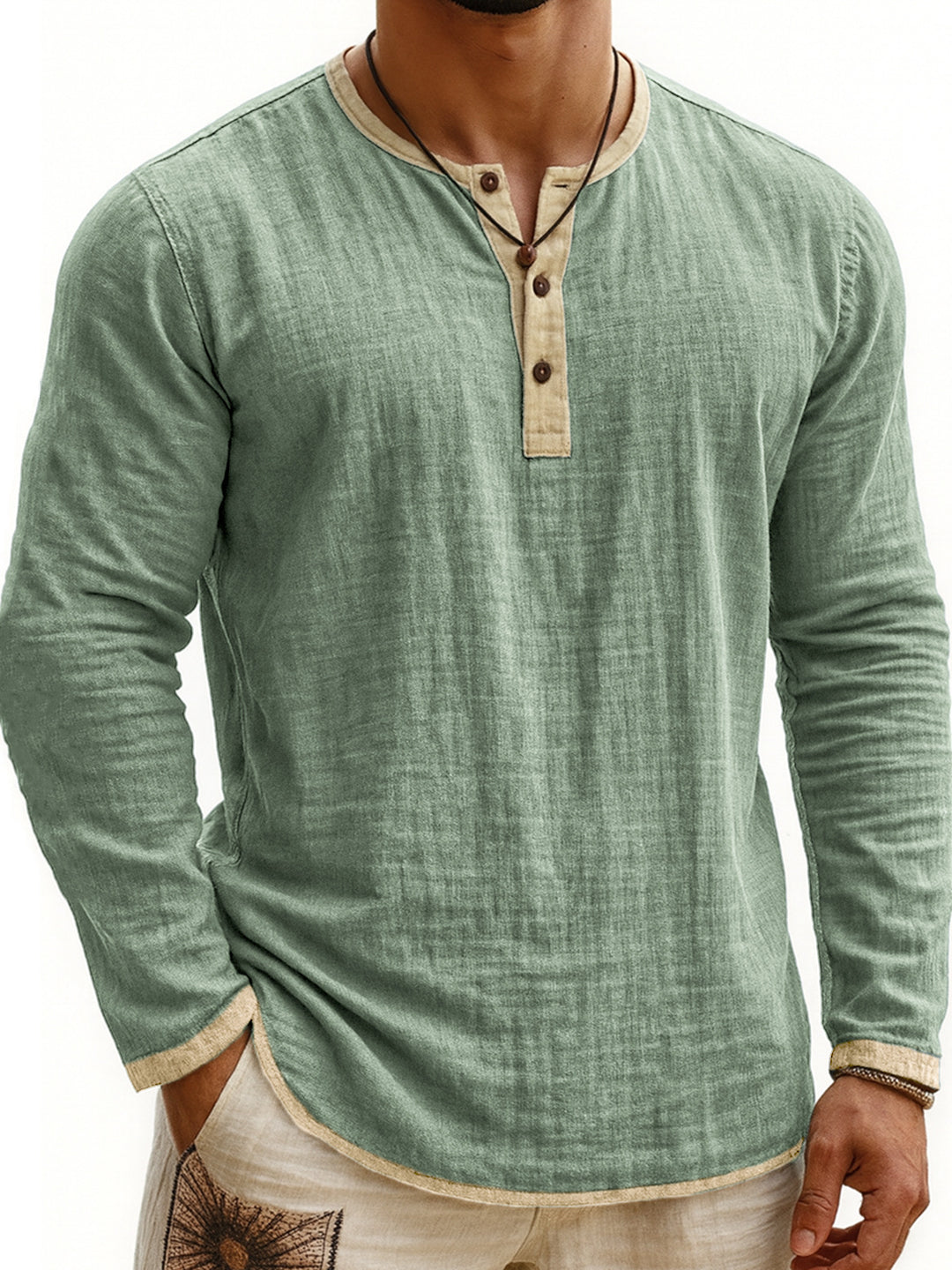 Men's Henley Shirt – Two-Tone, Slim Fit, Long Sleeve Pullover