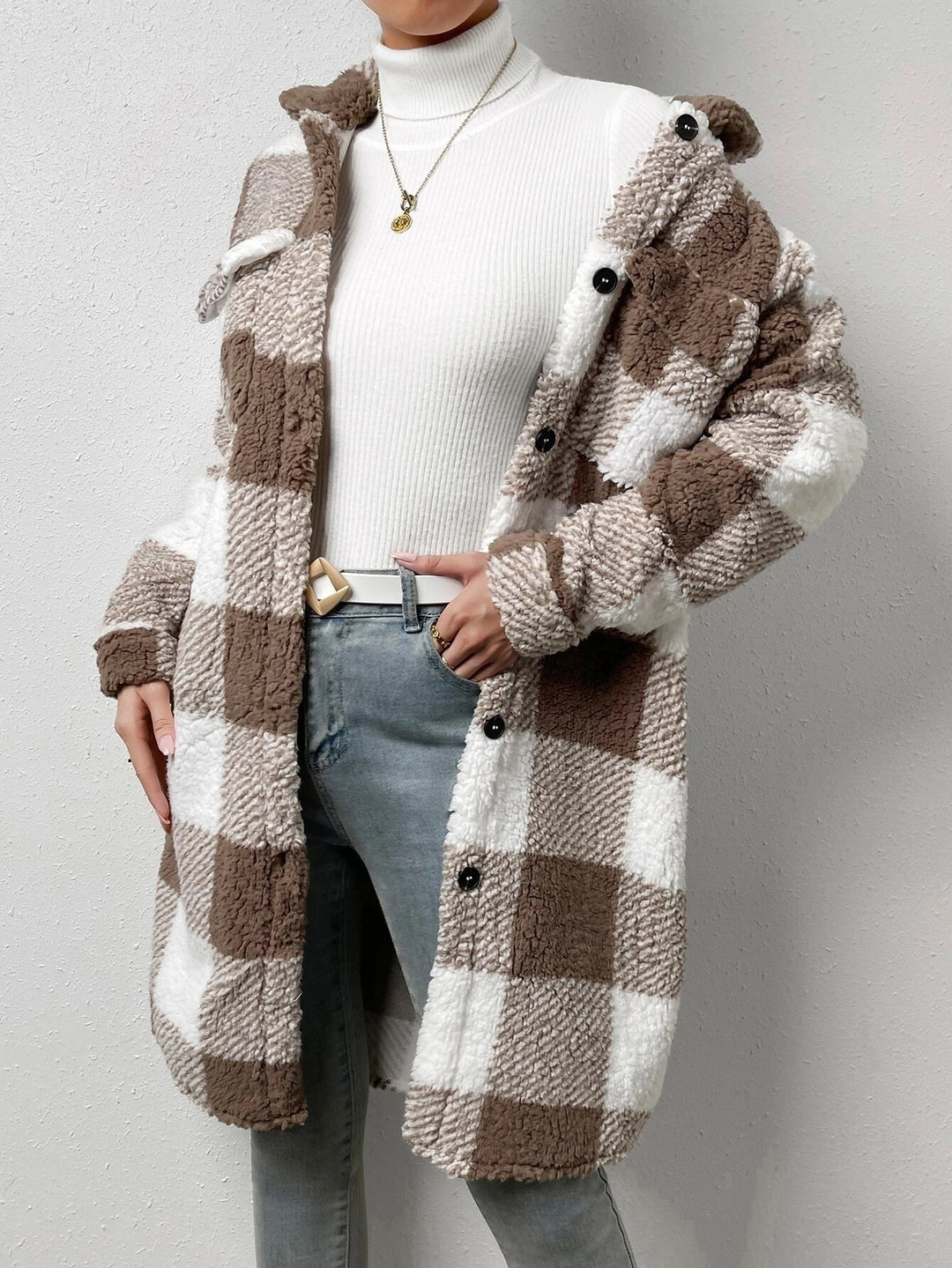 Women's Longline Check Coat – Relaxed Fit Commuter Silhouette