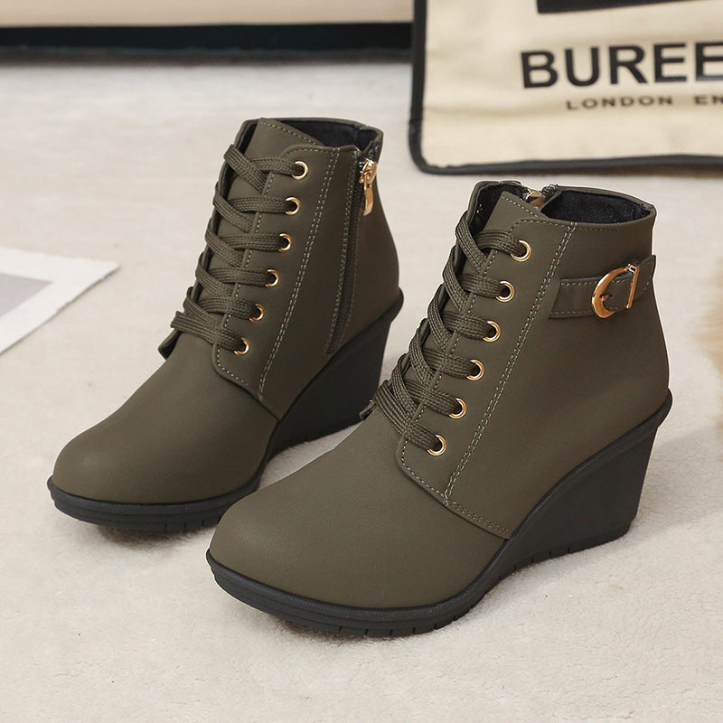 Women's Wedge Heel Ankle Boot with Buckle & Side Zip – Suede Look
