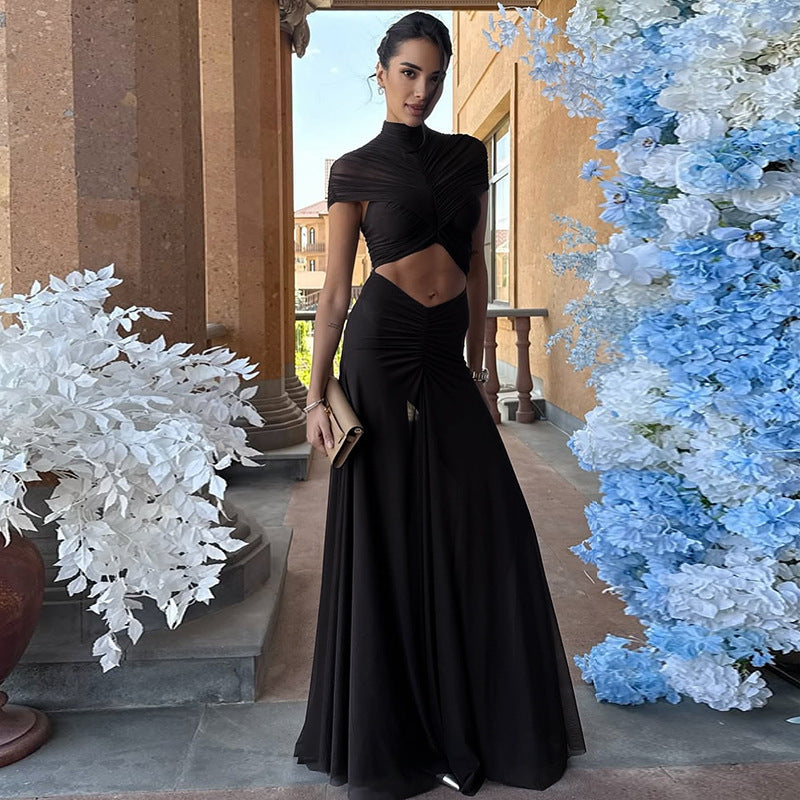 Women's Mesh Pleated Midi Dress – Slim Fit Midriff-Baring Silhouette